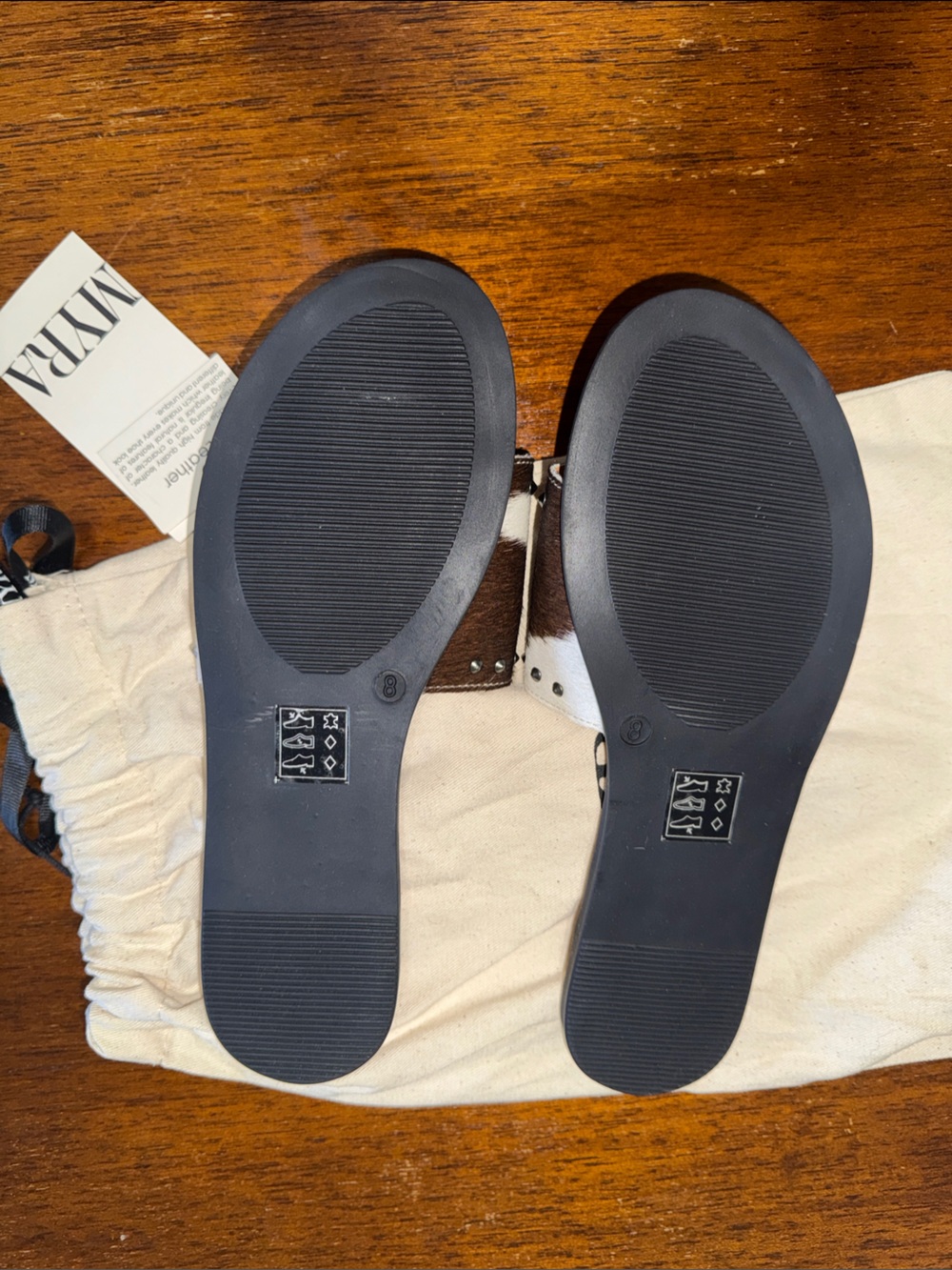 NWT & Bag Myra Cowhide Slide Sandals in Brown & White - Picture 3 of 5